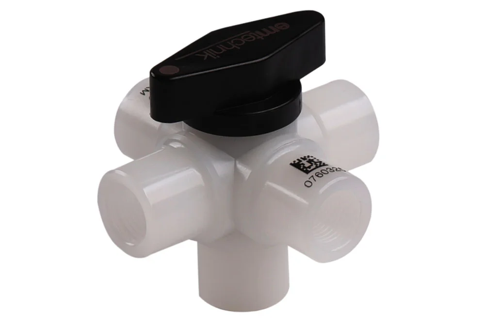 Минишаровой кран пятиходовой с внутренней резьбой BSP из материала PP, PVDF, PFA, серия 6L, тип EM